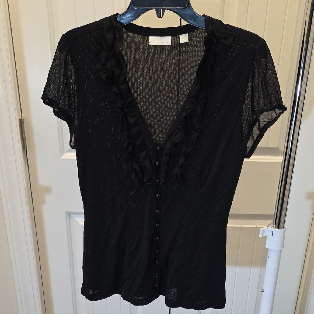 New York & Company Black Sheer Ruffle Blouse Size L